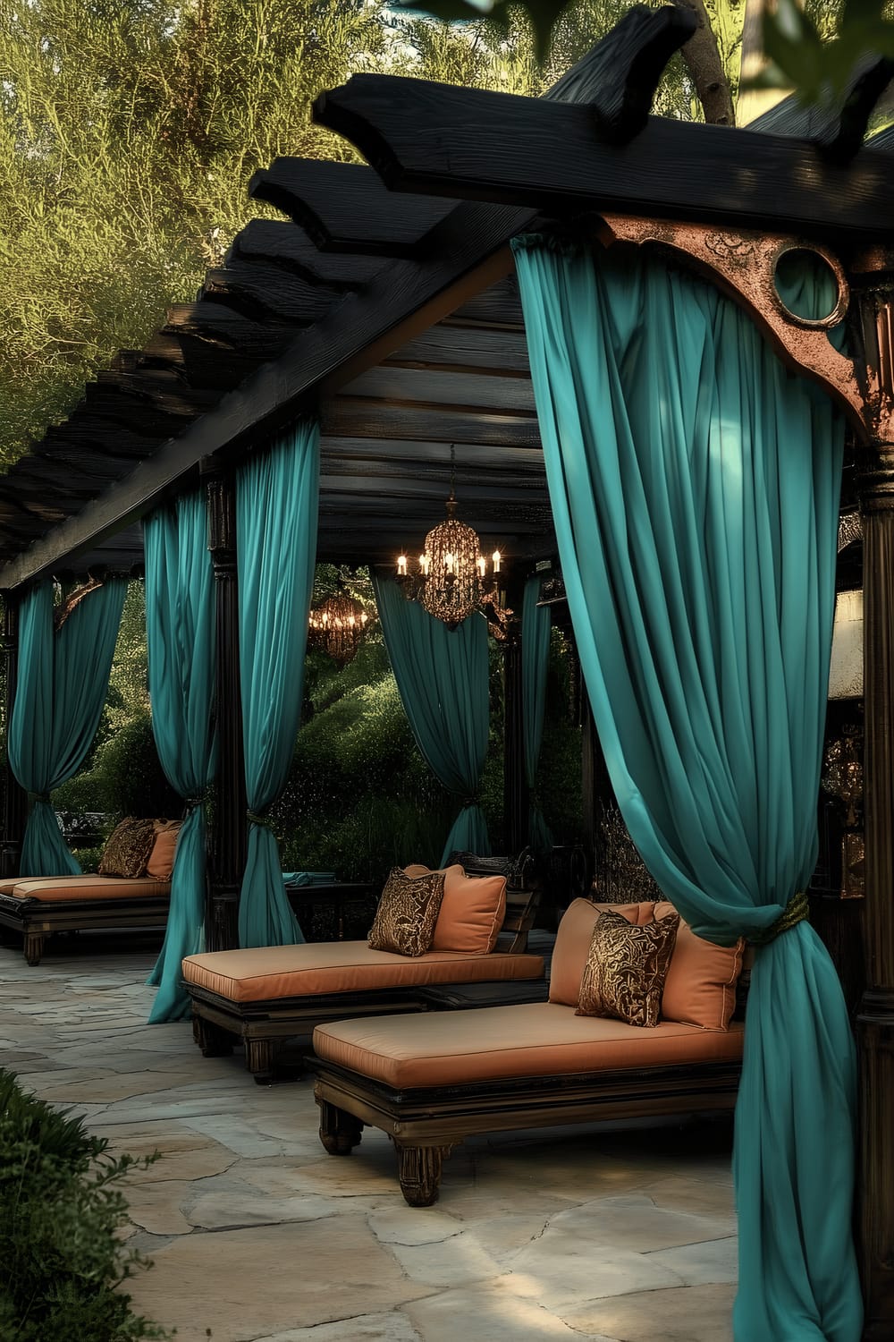 A luxurious outdoor scene under a pergola framed with antique copper beams, adorned with flowing teal curtains. The space is furnished with vintage wooden chaise lounges, hosting pink gold cushions and bold apricot-colored throw pillows. Decorative metal sculptures are scattered around, adding to the elegance. The scene is set in dramatic twilight lighting, creating an opulent atmosphere.