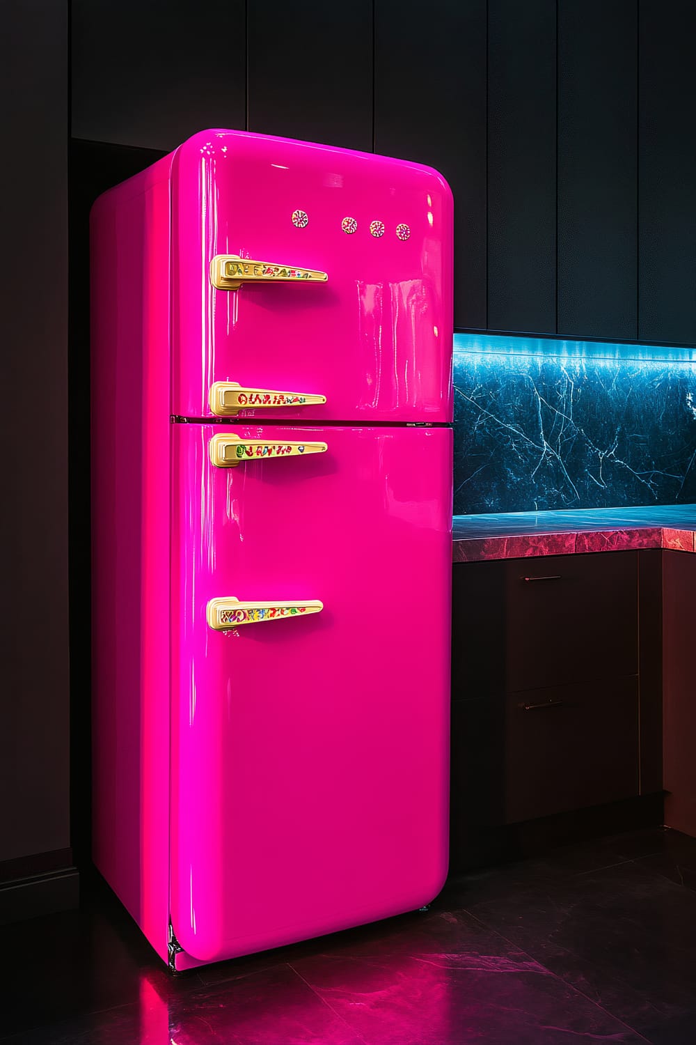 A bright neon pink vintage-style refrigerator with quirky patterned magnets stands against a modern, sleek dark kitchen background. The fridge has three yellow handles with colorful designs. The countertop has a dark marble pattern and is backlit with a blue glow.