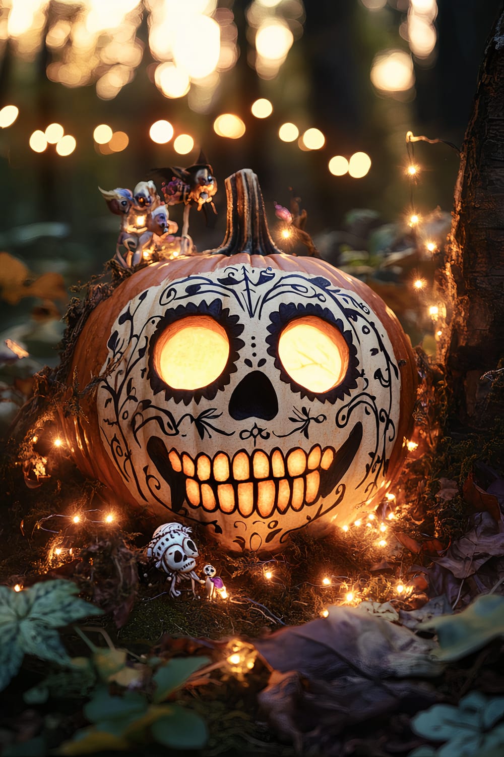 An intricately carved pumpkin illuminated from within, glowing warmly in a dim forest setting. Featuring a Day of the Dead-inspired skull design, surrounded by decorative string lights and small skeleton figurines at its base.