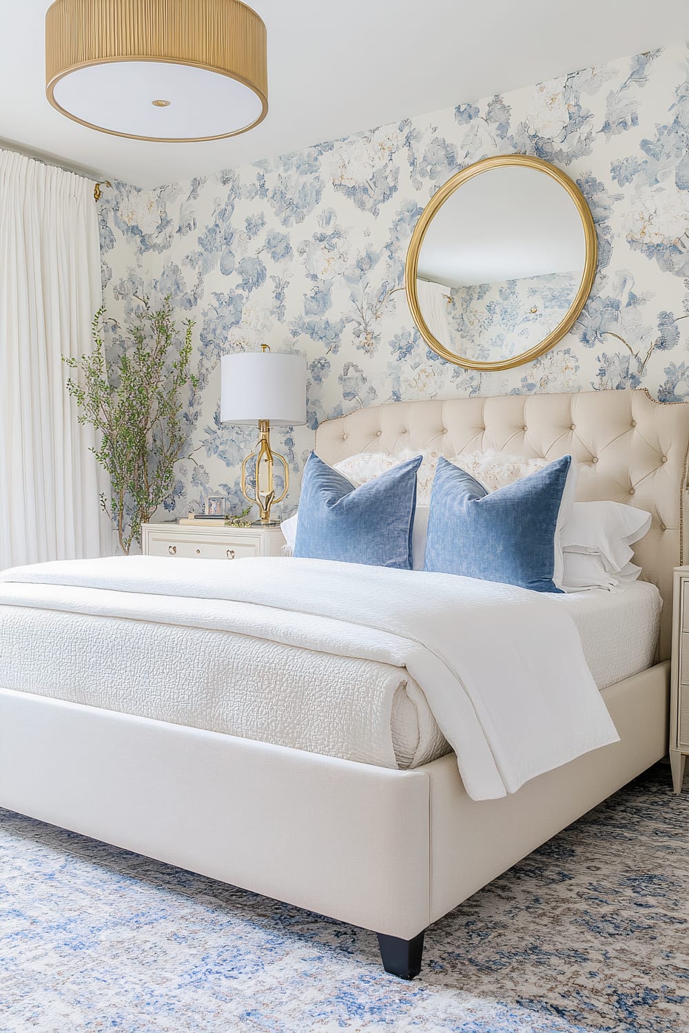 An elegant bedroom showcases a beige tufted bed with white bedding and blue accent pillows. A light blue and white floral wallpaper adorns the wall behind the bed, complemented by a round gold-framed mirror. A nightstand with a gold-accented table lamp sits to the left of the bed, and a leafy plant stands in the corner. A large gold ceiling light fixture hangs above.