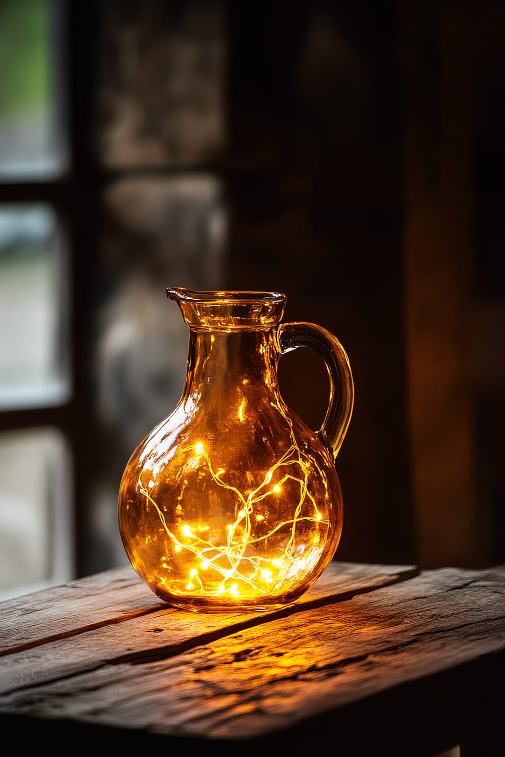 An amber glass pitcher filled with glowing fairy lights, placed on a textured wooden surface in a dimly lit room with a blurred background.