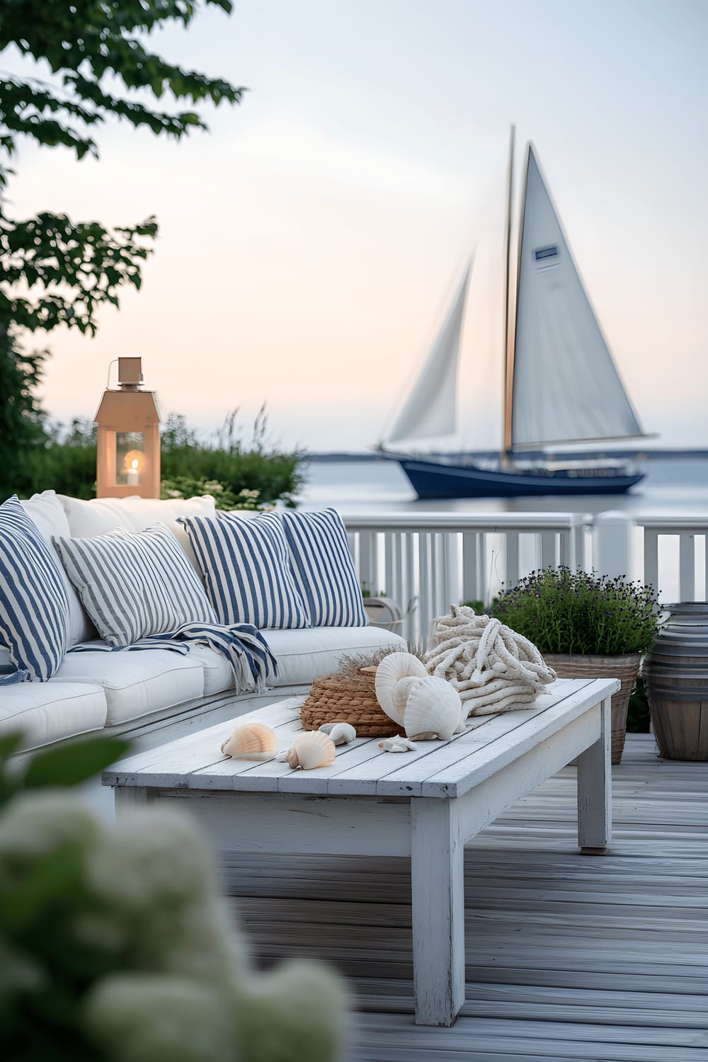 A serene coastal-inspired backyard featuring whitewashed wooden deck furniture adorned with navy and white-striped cushions, set against an inviting body of water view during sunset. Potted beach grasses and other hardy coastal plants dot the landscape, complementing a classic white sailboat model that is placed prominently on a table. Soft, ambient evening light adds to the peaceful atmosphere.