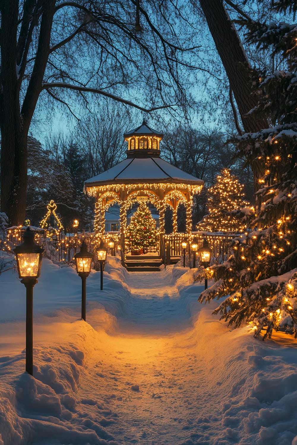 An enchanting winter scene featuring a beautifully lit gazebo adorned with Christmas lights in a snowy landscape at dusk. A snow-covered path, illuminated by glowing lanterns, leads to the gazebo. Trees and bushes around are also decorated with sparkling lights.