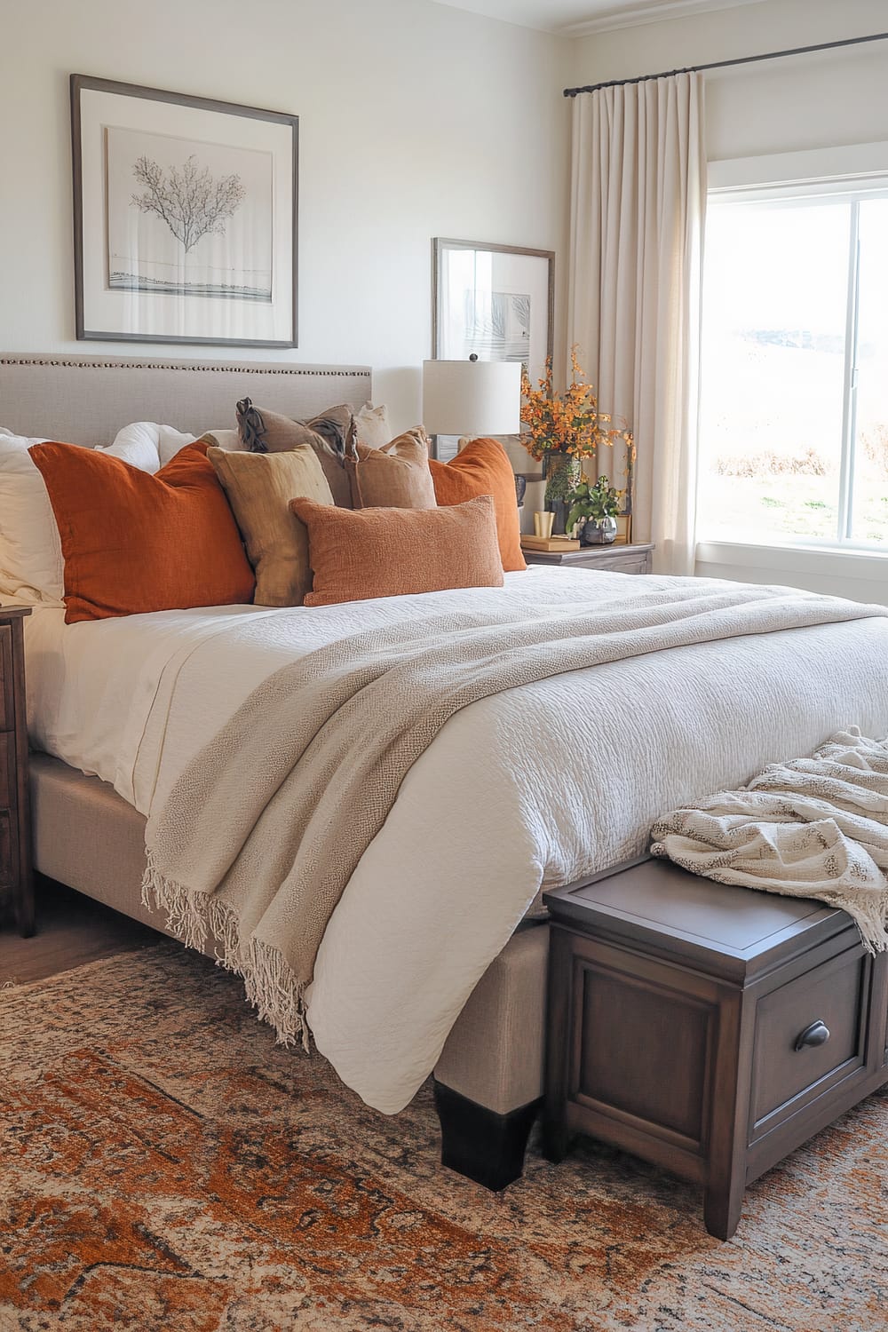 A warmly decorated bedroom with a large bed as the focal point. The bed is adorned with multiple throw pillows in warm hues of orange, beige, and brown, with a textured beige blanket neatly draped over the white bedspread. On either side of the bed, there are wooden nightstands, each with a decorative lamp. One nightstand has a vase with orange flowers and small decorative items. Large windows with beige drapes let in ample natural light, illuminating framed artwork on the walls. An ornate area rug with orange and beige patterns covers the hardwood floor, adding warmth to the space.