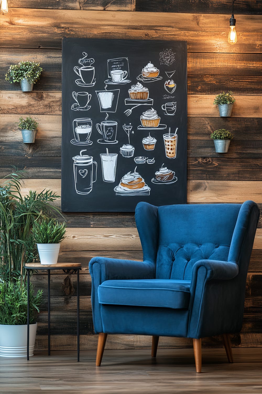 A decorative home café corner featuring a large chalkboard menu with hand-drawn coffee drinks and pastries. The chalkboard is mounted on a rustic wooden wall and highlighted by spotlighting. Below the chalkboard is a deep blue armchair. The setting includes minimalistic decor with potted plants in the background.