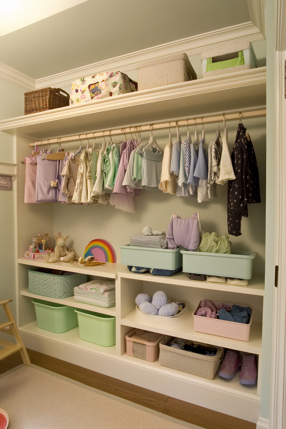 A neatly organized, gender-neutral closet with white shelving and soft wood tones. The closet features low and mid-height hanging rods with various children's clothing in light pastel colors. Open shelves store muted pastel bins, including soft lavender, sage green, and pale blue. A small rainbow decal on the wall, toys, and accessories add to the soft decor. A neutral rug covers the floor, and a simple wooden step stool is visible in the corner.