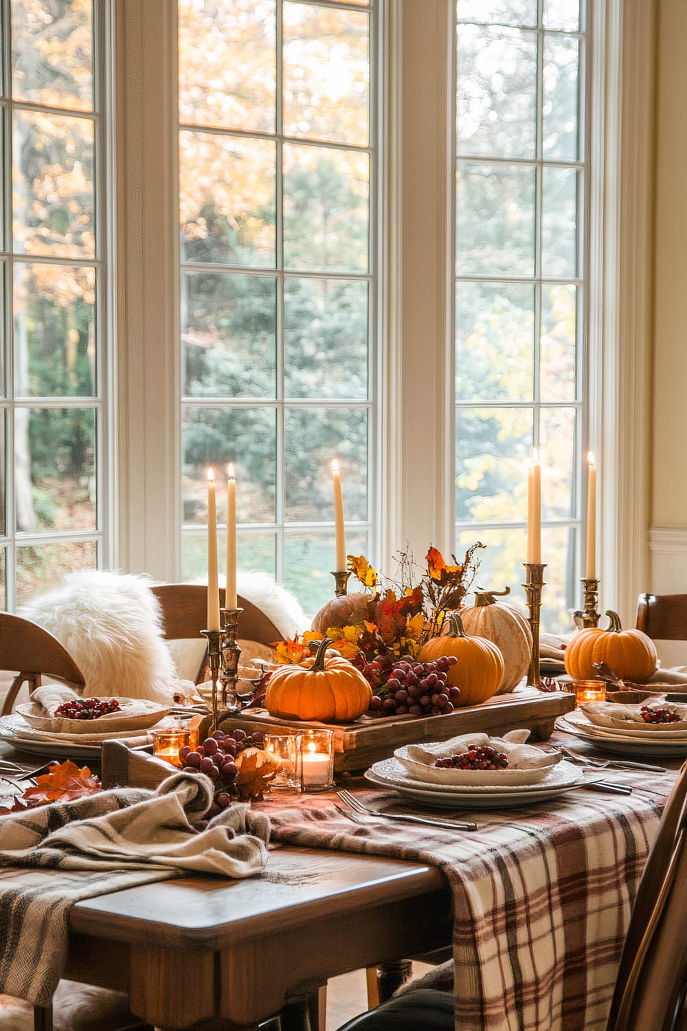 A dining table set for an autumnal meal is adorned with a plaid table runner, mini pumpkins, grapes, and vibrant autumn leaves. The table is surrounded by wooden chairs, some of which have fluffy white cushion covers draped over them. Tall candles are placed in brass candleholders and are lit, casting a warm glow. Windows in the background reveal a view of trees with fall foliage.