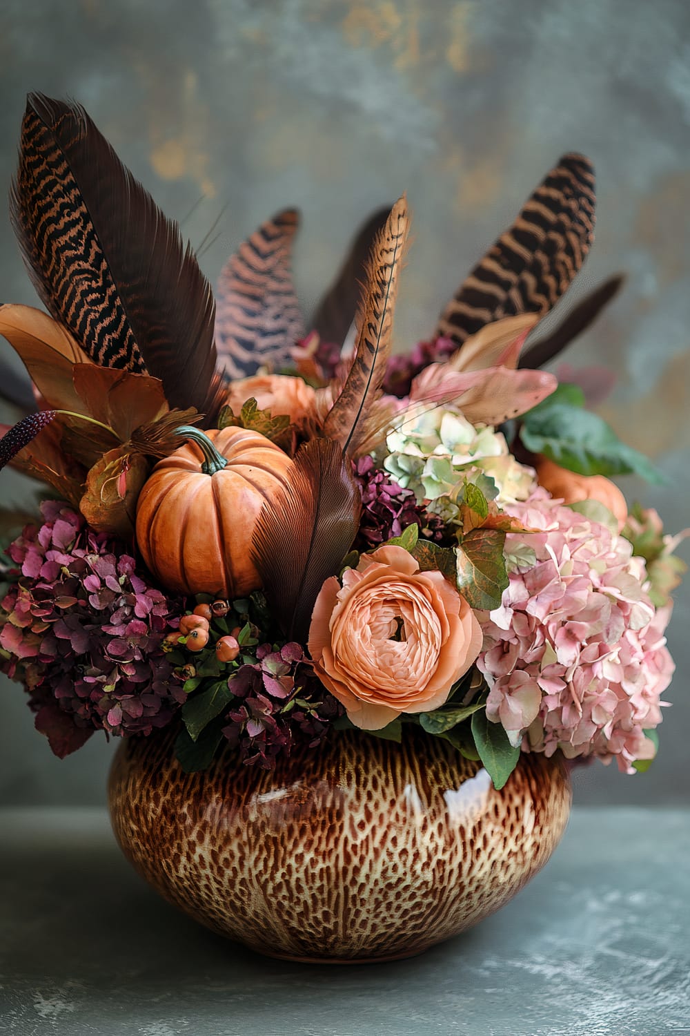 A decorative fall-themed arrangement is displayed in a textured, speckled ceramic vase. The focal point of the arrangement is a small, orange pumpkin surrounded by vibrant, richly-colored blooms and foliage, including purple and pink hydrangeas, peach ranunculuses, and dark berries. Prominent feathers, with an intricate pattern, are elegantly interspersed, adding height and a rustic touch.