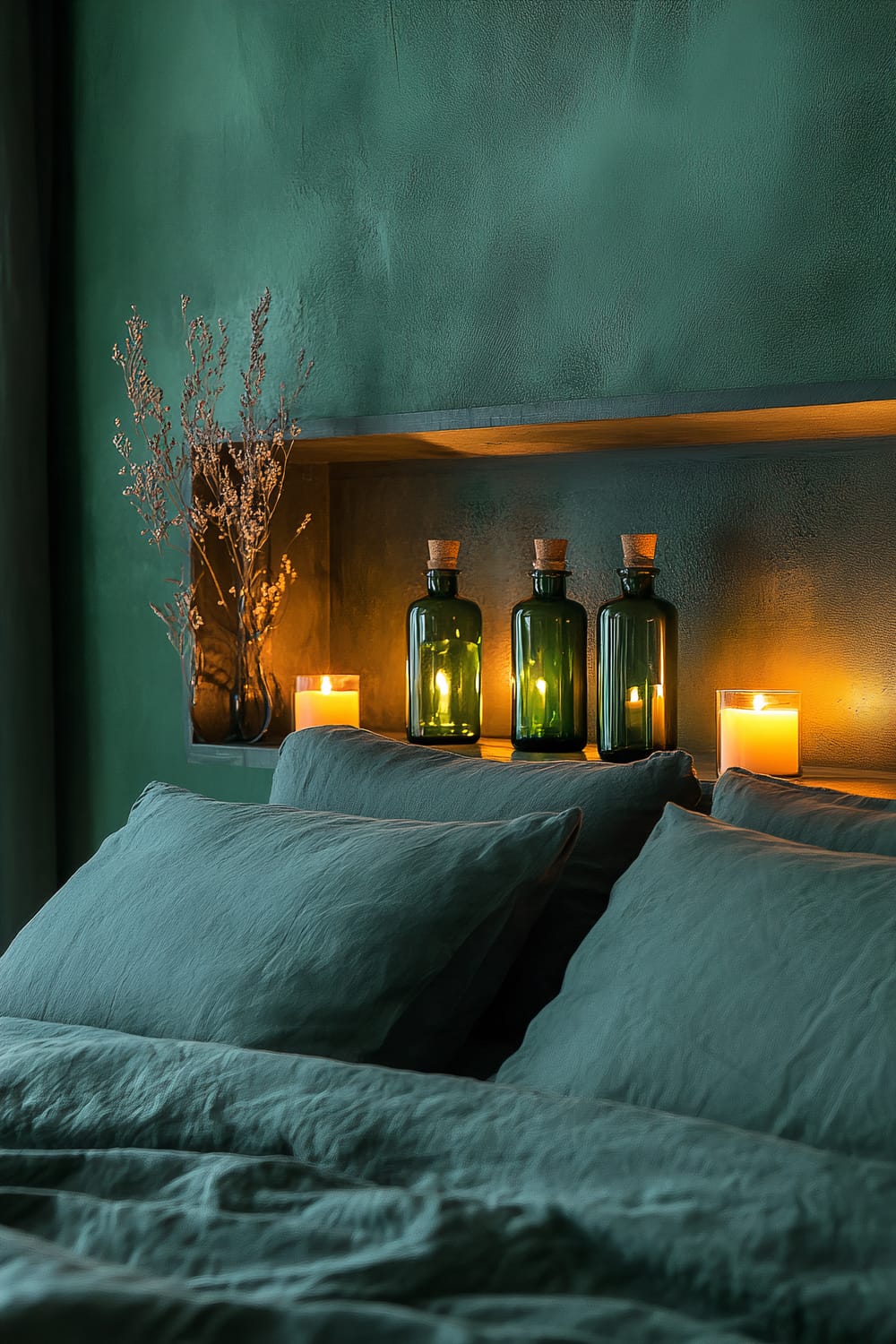 An elegant bedroom with a floating shelf holding illuminated potion bottles, candles, and dried flowers. The room features a rich emerald green wall and green bedding, creating an enchanting atmosphere.