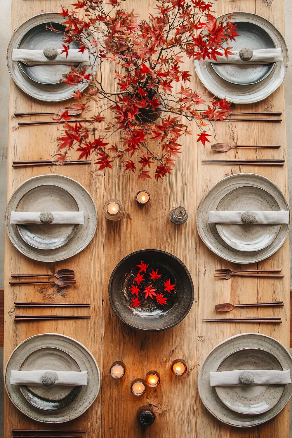 An overhead view of a wooden dining table set with place settings for four people. Each setting includes a grey bowl with a white napkin and a round stone, with chopsticks and wooden utensils. In the center, there is a black bowl with floating red maple leaves and a vase with red maple branches. Several small candles are lit on the table, enhancing the autumnal ambiance.