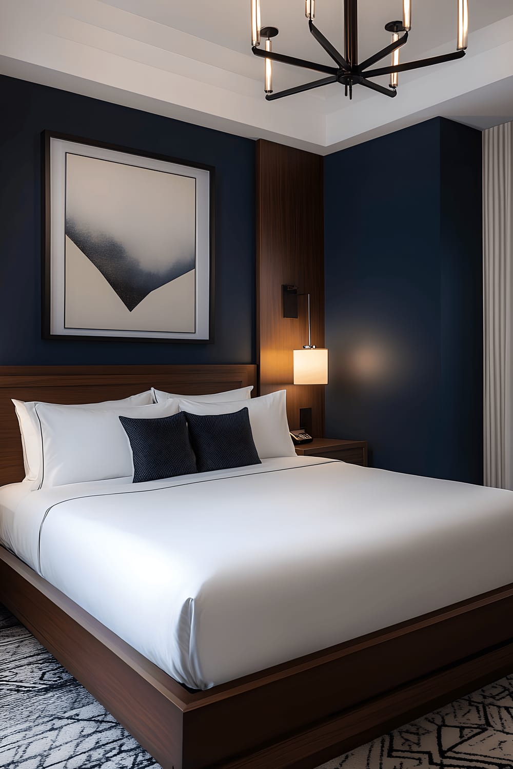 A bedroom designed with a bold navy blue accent wall behind a low platform bed covered in white linens. The room is lit by a geometric chandelier, and both sides of the bed have uncluttered bedside tables.