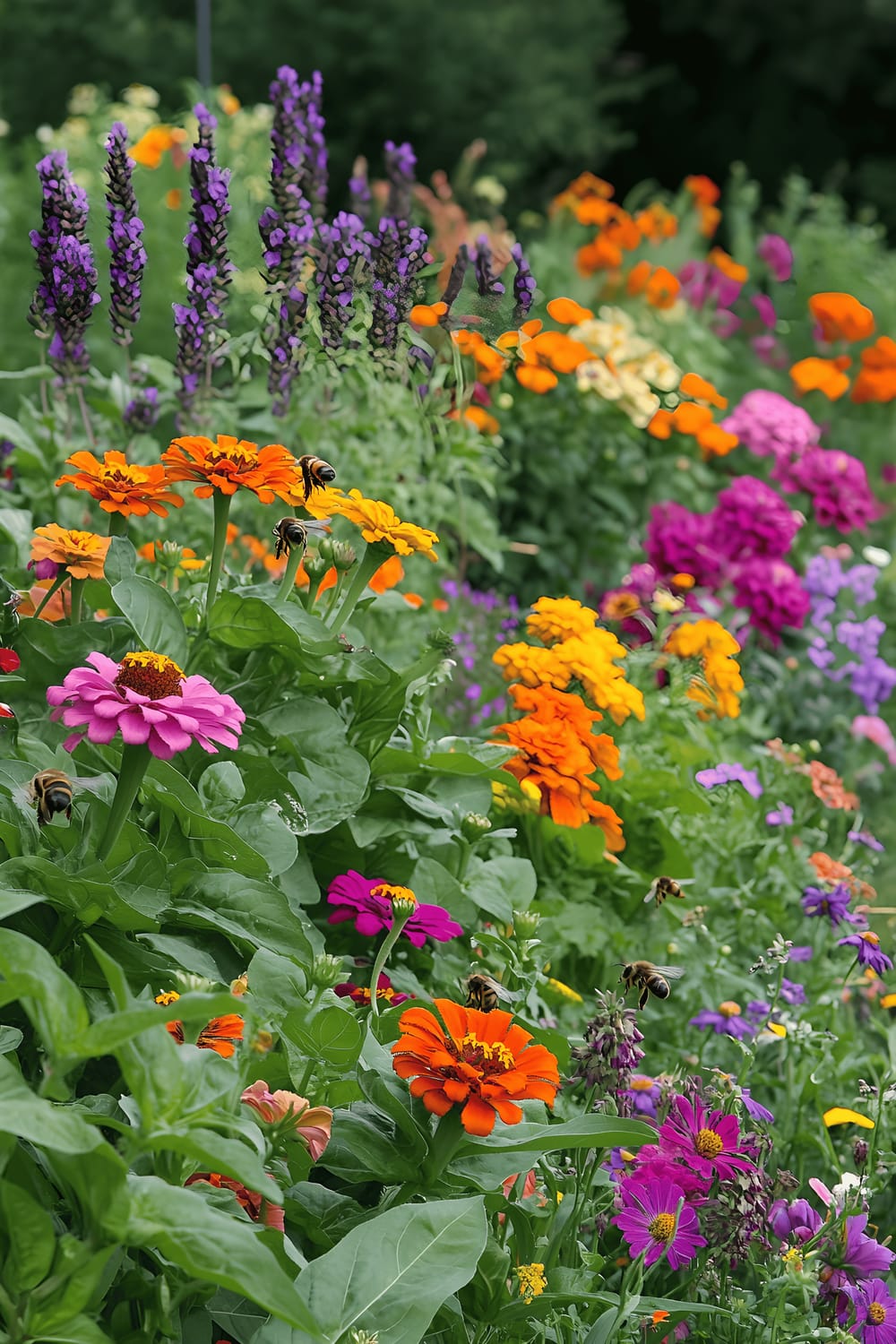 A thriving vegetable garden filled with vibrant zinnias, cucumber plants, lavender bushes, carrots, and a trellis covered with scarlet runner beans, all buzzing with pollinators.