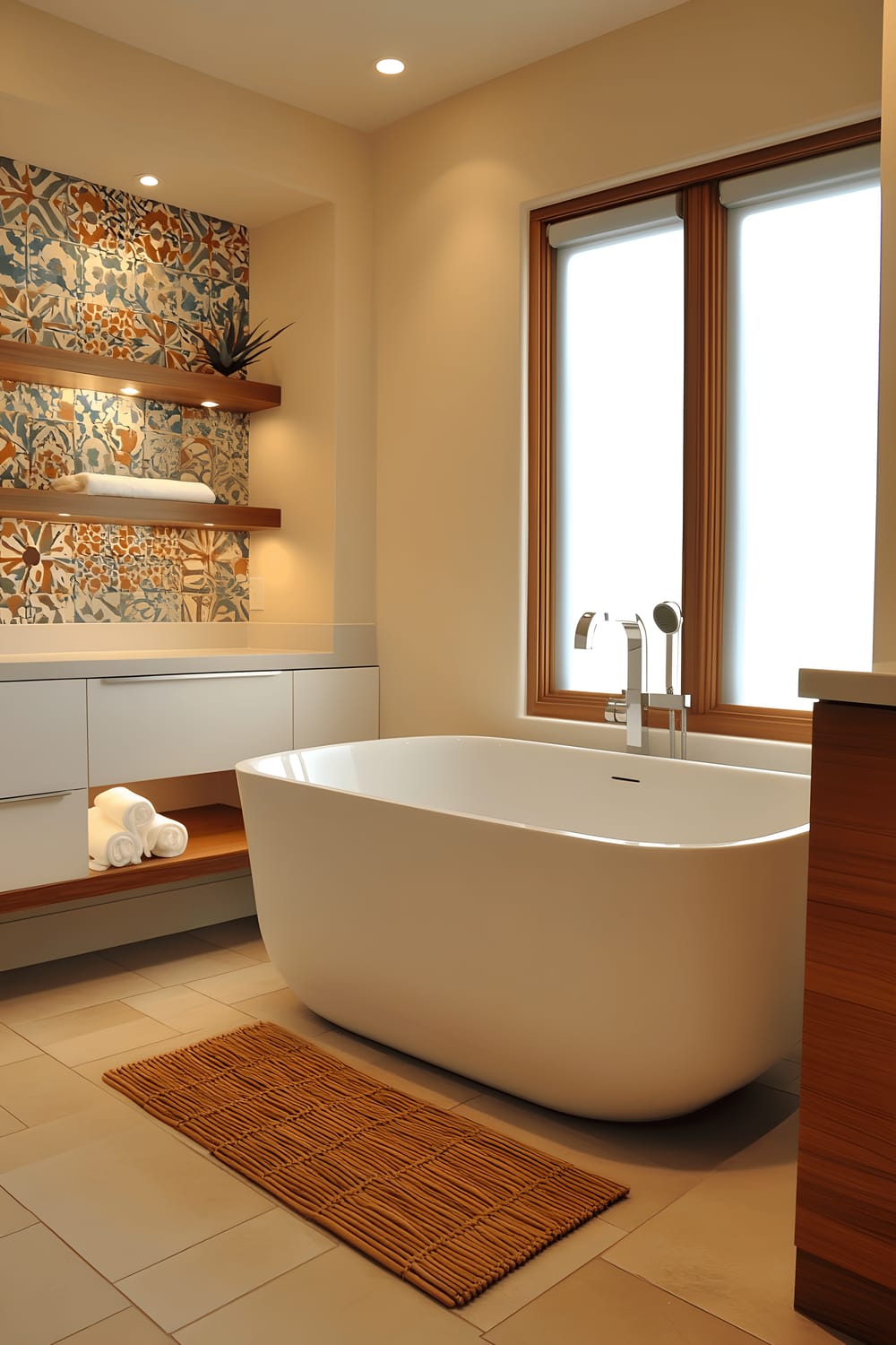 A luxurious bathroom with Modernist Barcelona tiles and adept use of natural light. The room features a freestanding bathtub with decorative tile detailing, a streamlined white vanity paired with a Catalan mosaic backsplash, and large frosted glass windows for privacy. Warm wooden accents, in the form of a bamboo bath mat and wooden shelving, complement the modern aesthetics. Soft, ambient light enhances the vibrant colors and resplendent patterns of the tiles.