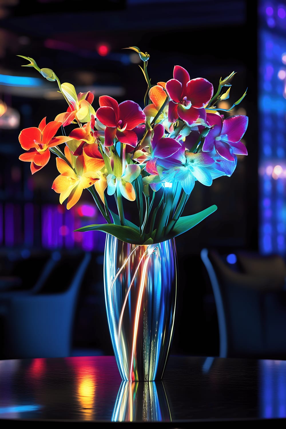 A futuristic dining room showcasing a sleek, modern floral arrangement of striking orchids and lilies in a silver metallic vase on a glossy dining table. The vase is integrated with LED light strips illuminating the flowers in bright, vibrant colors. Minimalist furniture, glossy black surfaces, and dynamic, colorful lighting reflecting off the surfaces complete the urban, high-energy ambiance.