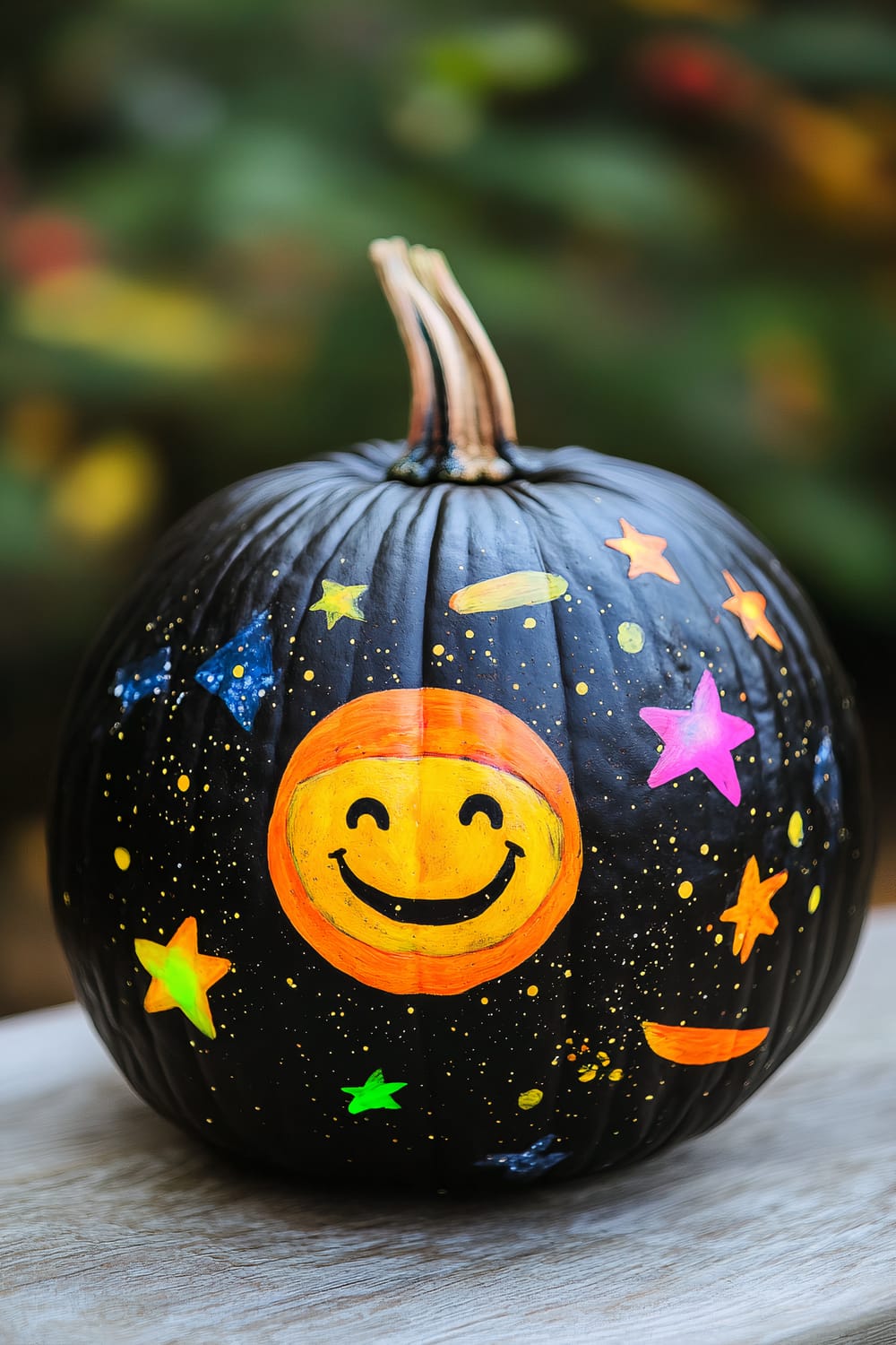 A black-painted pumpkin with colorful space-themed designs. The central design features a bright orange-yellow smiley face resembling the sun. Surrounding the sun are various neon-colored stars, planets, and comets, painted in vivid colors like pink, green, and orange. The background of the pumpkin is speckled with tiny yellow dots, giving a starry sky effect. The pumpkin is placed on a wooden surface with a blurred, green and fall-colored background.