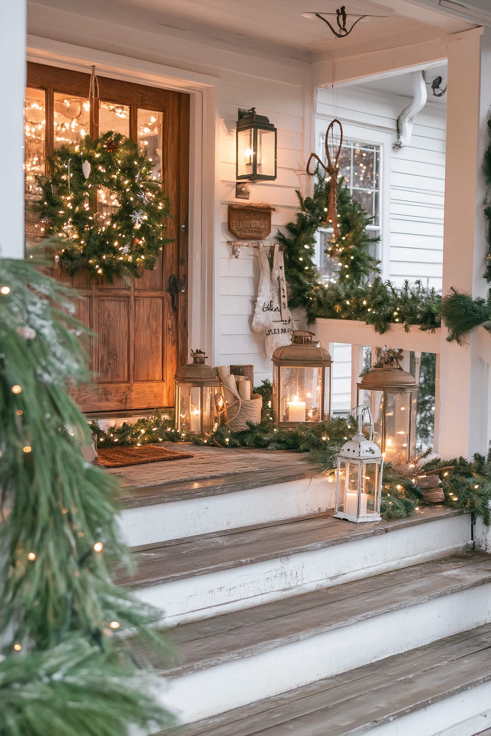 An inviting front porch decorated for the Christmas season. A large wooden door is adorned with a lush green wreath with lights. The porch is lined with a garland wrapped in fairy lights and features various lanterns holding candles and small decorations. The rustic wooden steps are covered with greenery and additional fairy lights, adding a warm glow to the scene.