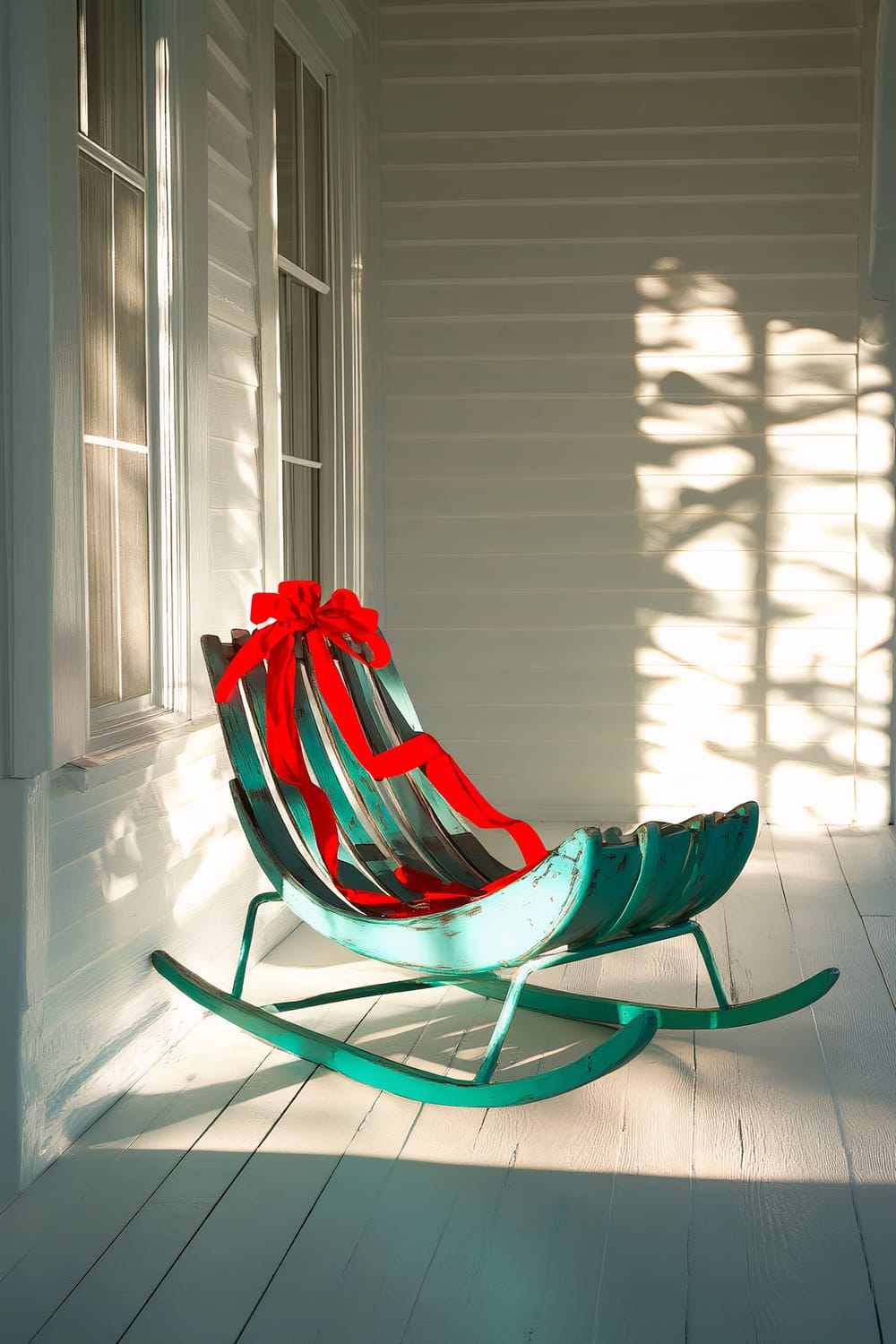 A vibrant turquoise vintage sled with bright red ribbons is placed on a minimalist white porch, illuminated by dramatic side lighting that casts long shadows and enhances the sled’s colors.