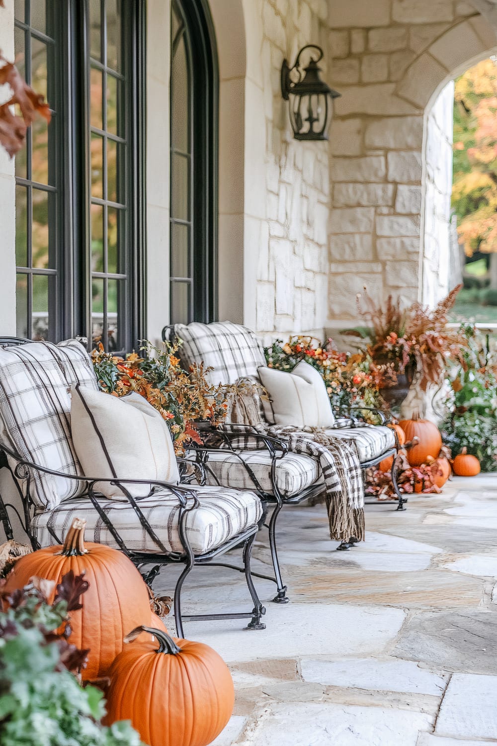 An outdoor autumn-themed porch setting with iron-framed chairs upholstered in plaid fabric. The chairs are accented with cream-colored cushions and throws. The porch is adorned with vibrant autumnal flora and several large orange pumpkins, creating a festive vibe. The background includes cream-colored stone walls, arched windows with black frames, and a black lantern.