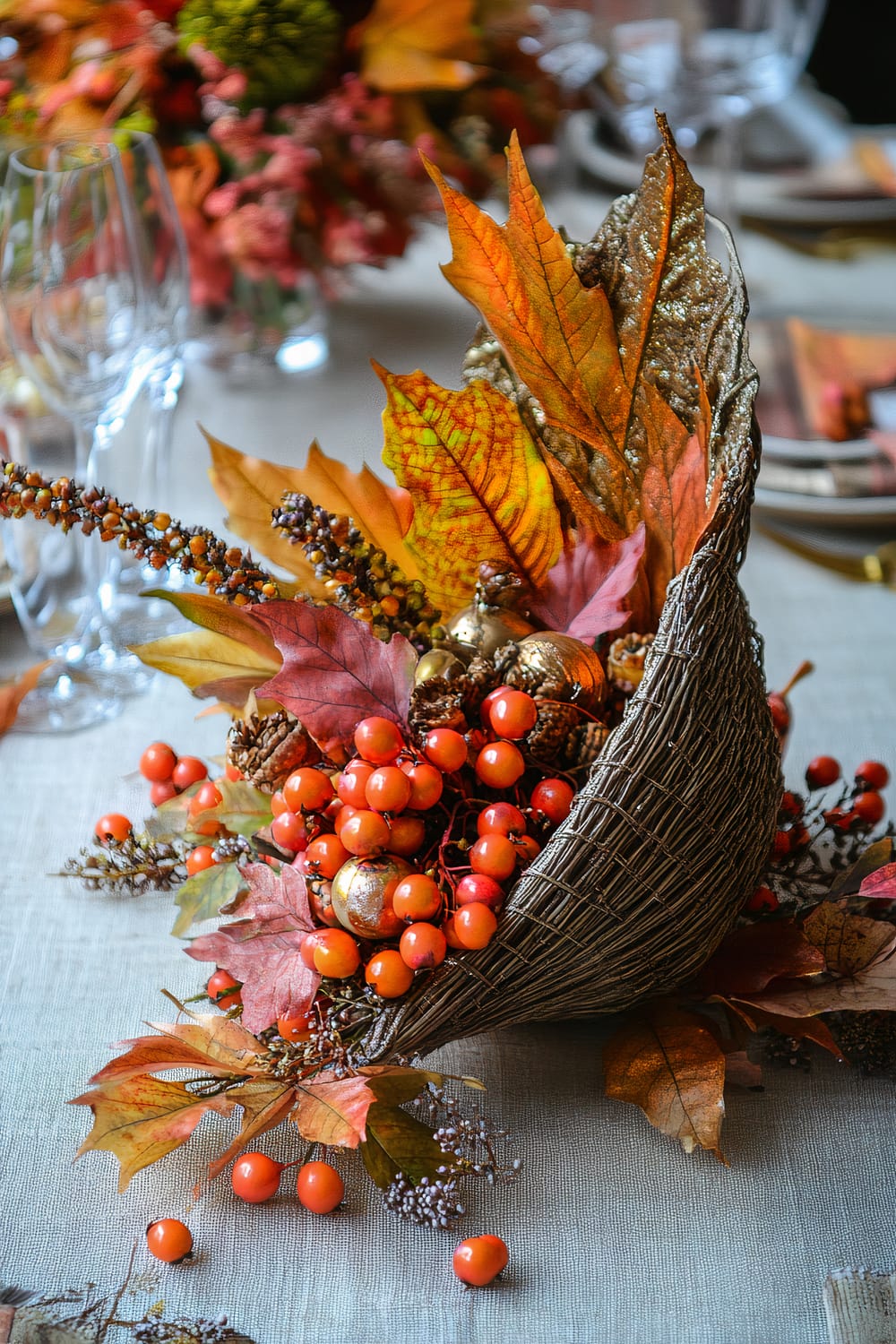 A close-up image of a table decoration featuring a cornucopia or horn of plenty. The horn is woven from natural materials and overflowing with bright red-orange berries, autumnal leaves in hues of orange, red, and gold, and golden acorns and pine cones. The table is covered with a neutral-colored cloth, and the background includes blurred details of wine glasses and more autumn-themed table settings.