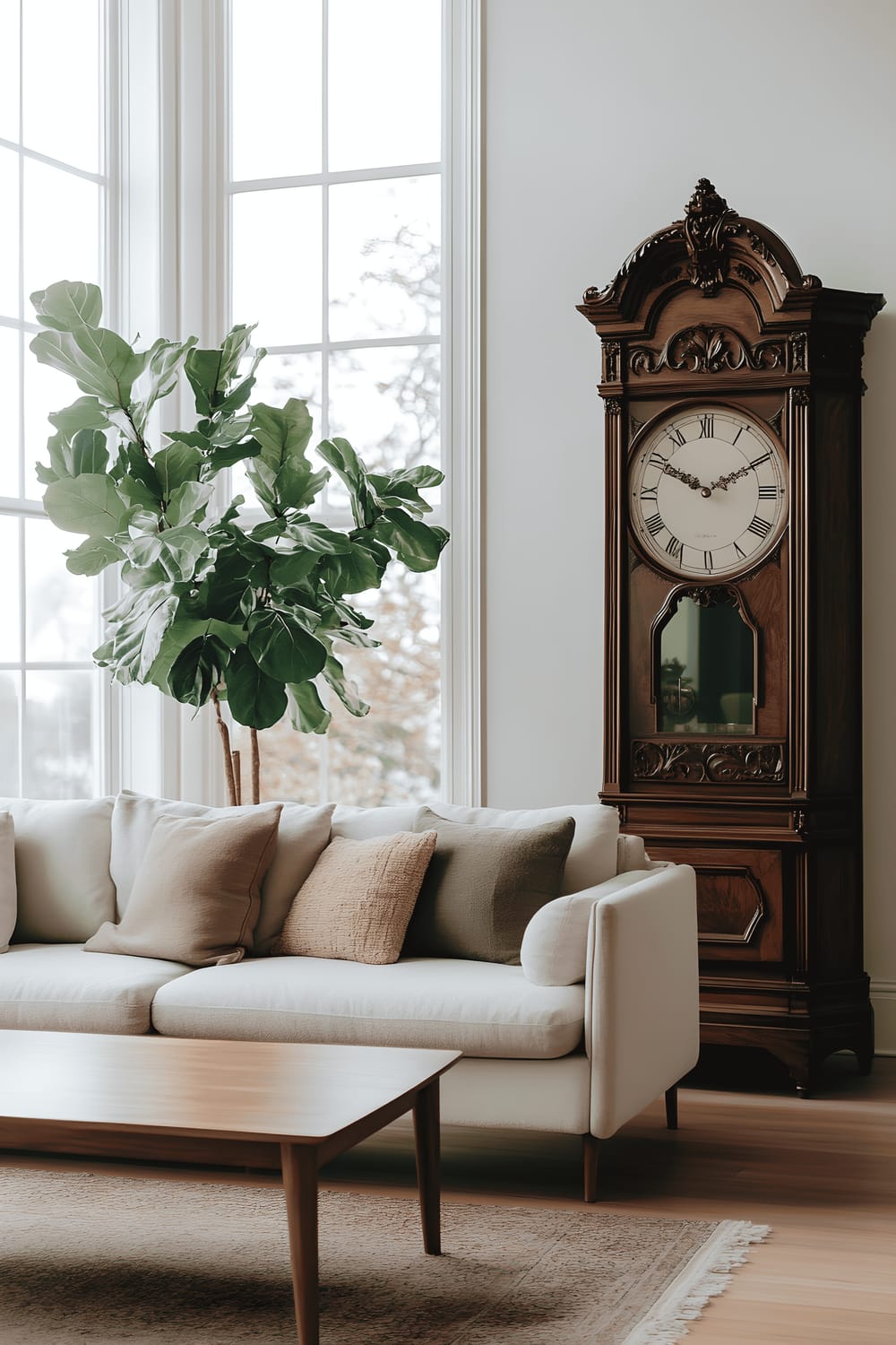 A spacious, open living room illuminated by natural light from large windows. A grand antique grandfather clock, intricately carved, stands against a plain white wall while a modern, muted-tone sofa faces a simplistic wooden coffee table. A Fiddle Leaf Fig plant adds a touch of greenery to the otherwise neutral color palette.