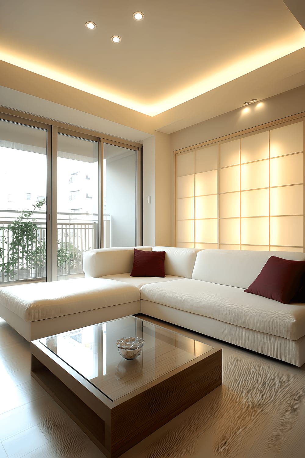 A compact small living room inspired by Tokyo's modern minimalist style. The space features a low-profile white sofa with clean lines and integrated storage, a glass-top coffee table with LED lighting, sliding shoji screens that open up to a small balcony, allowing natural light to illuminate the room. The color palette is neutral with accents of vibrant red and metallic silver, highlighted by recessed lighting and a sleek pendant lamp.