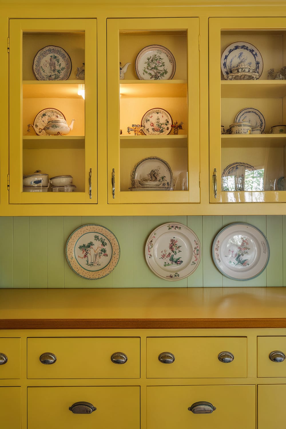 A retro kitchen display featuring pastel yellow upper cabinets with glass fronts. Inside the cabinets are vintage ceramic plates, each with unique and intricate designs. Below the cabinets are matching yellow drawers with rustic handles. The backsplash is a light green color, adorned with three ceramic decorative plates attached to the wall.