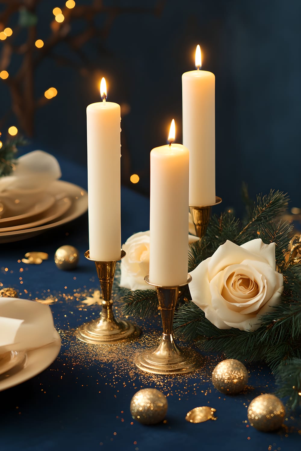 A detailed image of a meticulously set luxurious dining table for New Year's Eve. The centerpiece features five white pillar candles in various heights, nestled in gold holders, surrounded by three roses dusted in gold and ten pieces of confetti scattered atop a deep blue tablecloth. The ambiance is defined by the soft light emanating from the candles, casting a gentle glow on the table setting, and exaggerating the golden hues.