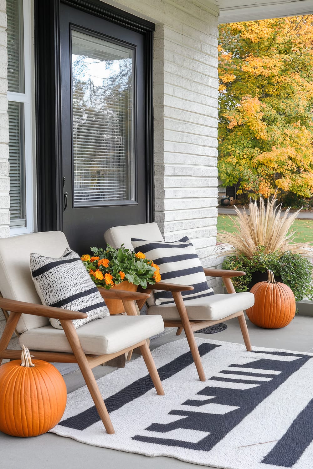 A front porch with modern outdoor furniture consisting of two beige cushioned chairs with wooden armrests, decorated with black and white patterned pillows. The porch floor is adorned with a black and white striped rug. Two large orange pumpkins and a potted plant with yellow flowers add a fall festive touch. The backdrop features a black framed glass door with white brick walls, and trees with fall foliage in the background.