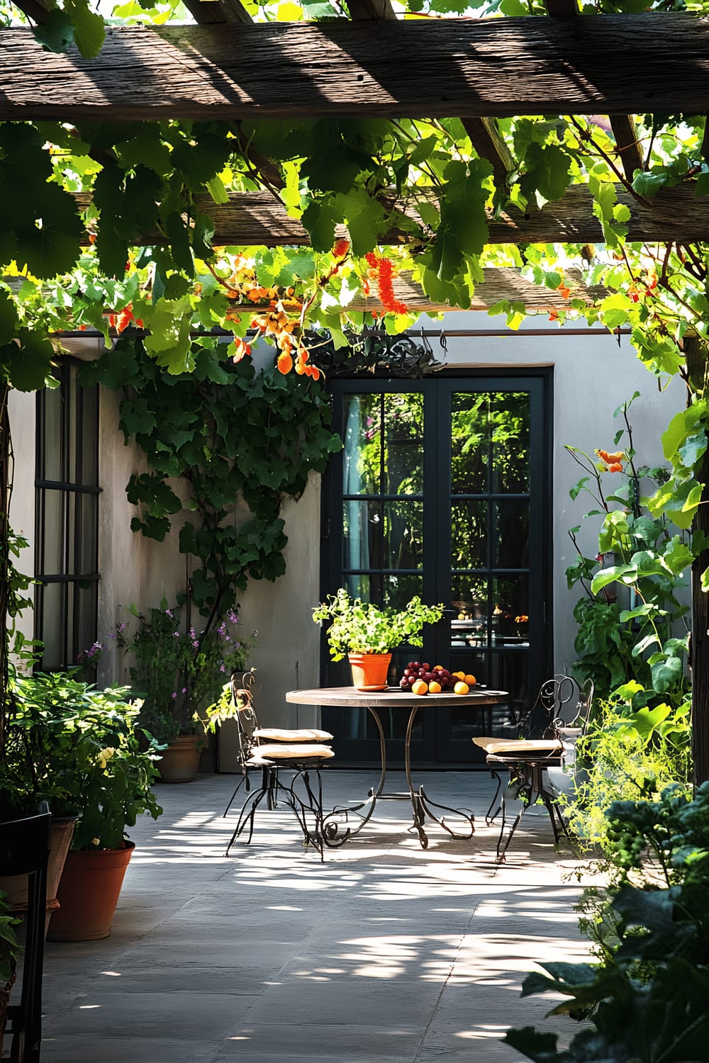 The picture depicts a charming courtyard garden, adorned with edible climbing plants like grapevines, scarlet runner beans, and passionfruit vines, draped over a sophisticated wooden trellis. A wrought iron bistro table stands beneath this green canopy in the dappled sunlight, creating a tranquil environment for relaxation and productivity.