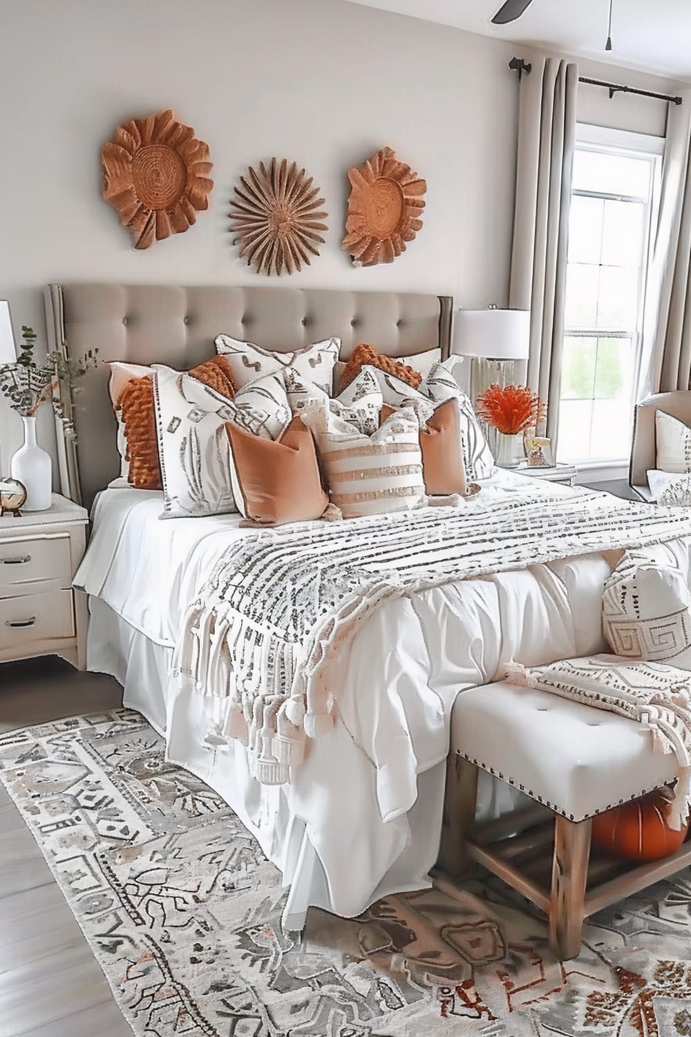 This is a stylish bedroom with a neutral color palette. A beige tufted headboard stands against the back wall, adorned with three decorative wooden woven wall art pieces above it. The bed is dressed in white linens with a mix of textured and patterned throw pillows in shades of white, beige, and soft orange. A plush, patterned blanket is neatly draped at the foot of the bed, with an upholstered bench positioned in front of it. On either side of the bed are white, modern nightstands with bronze handles, supporting matching white ceramic lamps. A vibrant bouquet of orange flowers adds a pop of color. The window is framed by light beige curtains, allowing natural light to flood the room. A patterned area rug in coordinating shades covers the floor, completing the look.