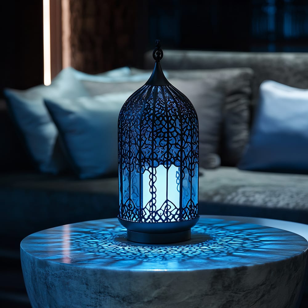 A closeup of an elegant black metal lantern emitting a ghostly blue light, placed on a sleek stone table. The lantern casts intricate shadows on the table and is set within a luxurious penthouse lounge with dark and moody surroundings. Behind the lantern, there are plush grey and white pillows on a dark couch.