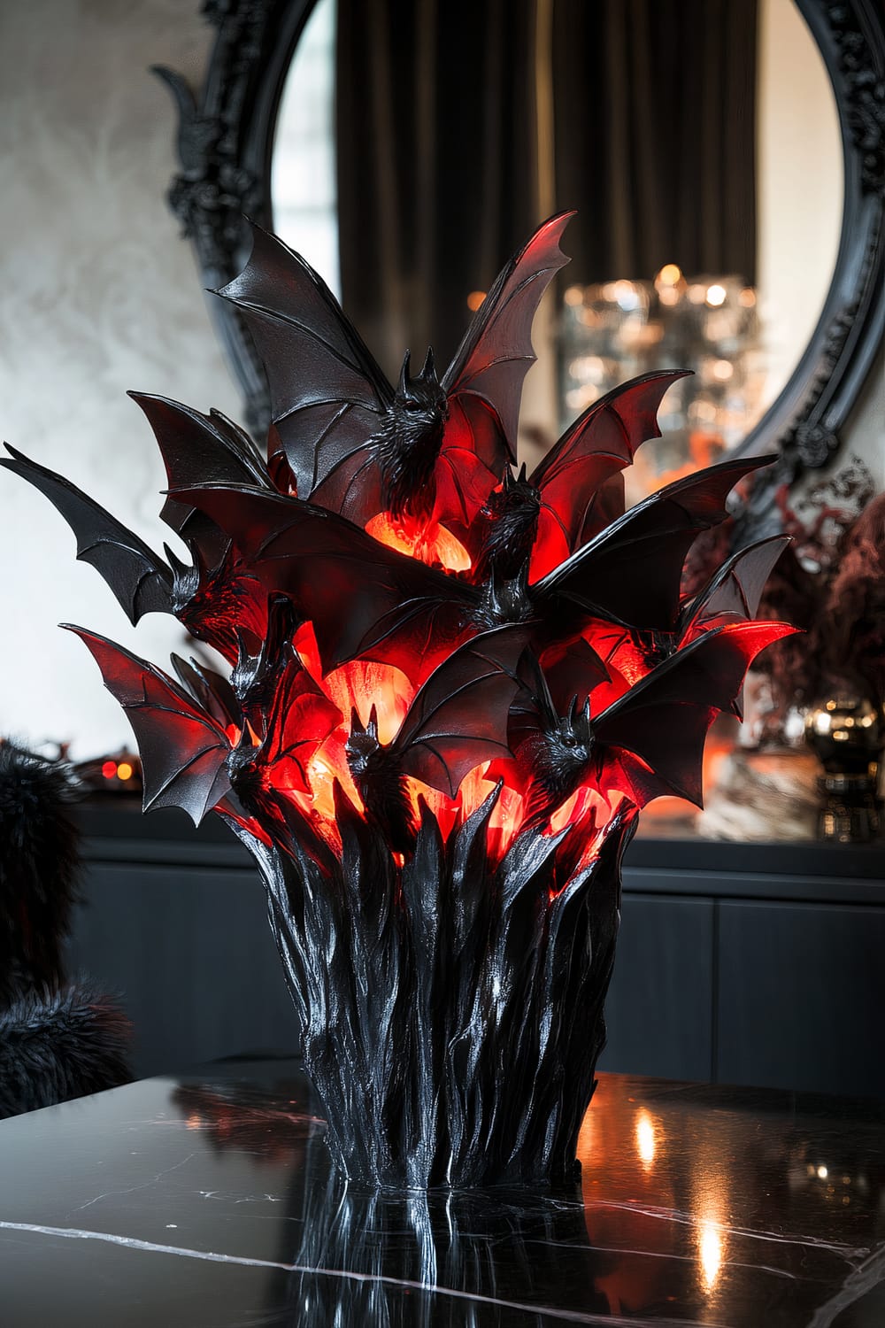 A dramatic centerpiece with a cluster of black bat sculptures holding glowing red LED lights, arranged on a sleek black dining table. The centerpiece is accompanied by minimal accessories such as dark feathers and a small ornate mirror reflecting the intense red glow, all under subdued, moody lighting.