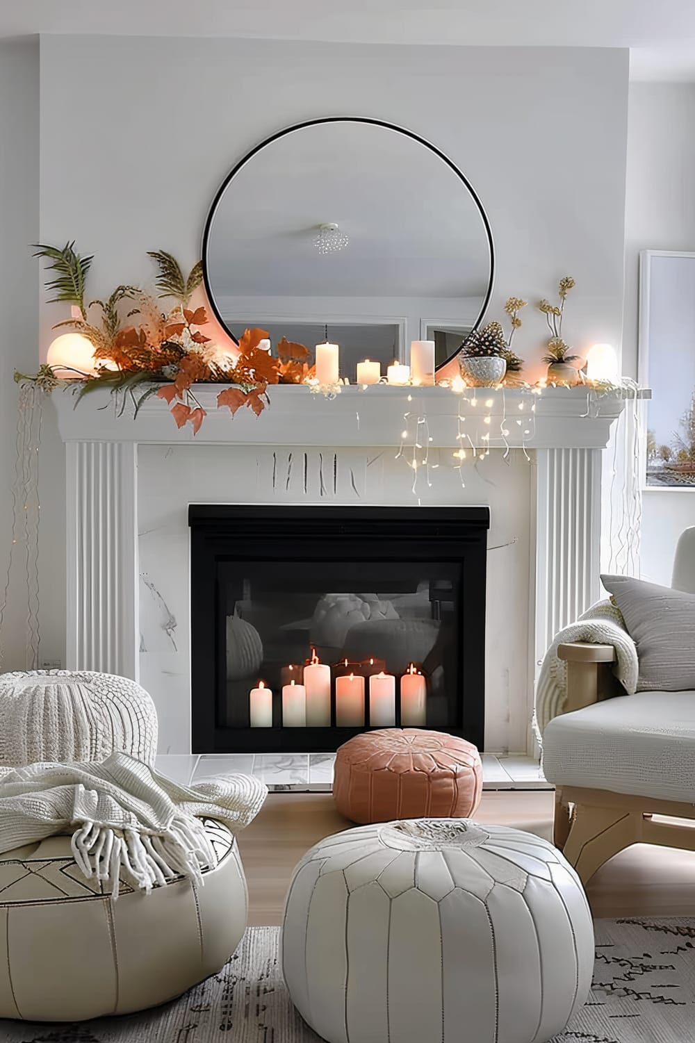 A modern living room featuring a white fireplace adorned with autumn-themed décor, including dried leaves, branches, and various candles. A large round mirror is centered above the mantel, reflecting the room. Multiple candles are arranged in front of the fireplace, and the space is surrounded by cozy seating such as poufs and a comfortable chair draped with a blanket.