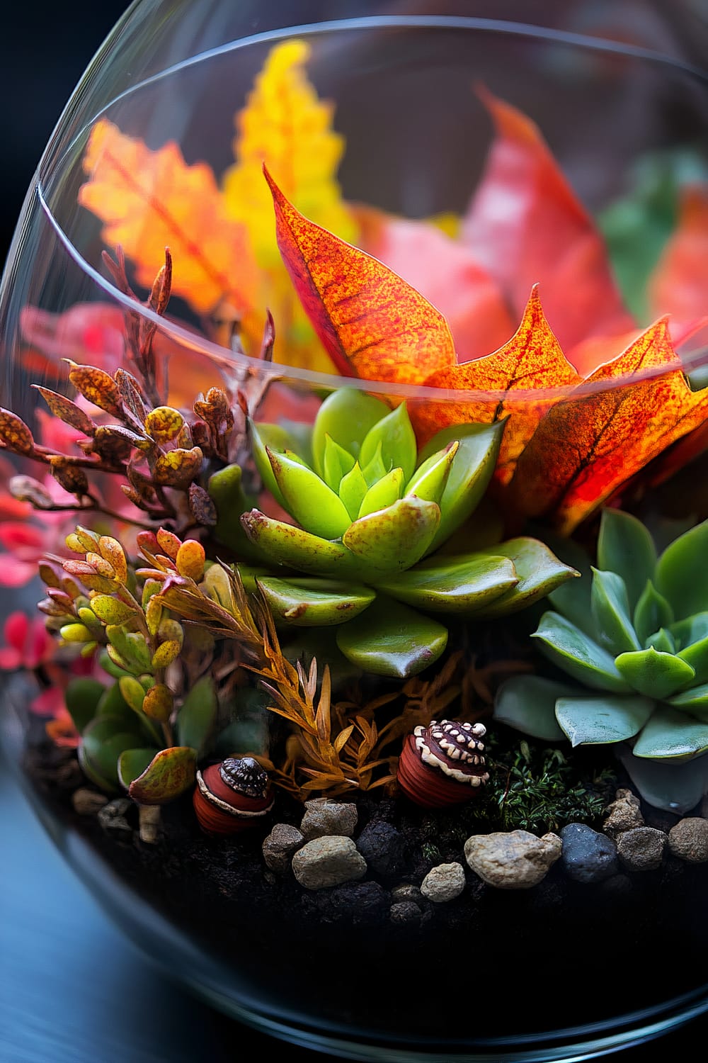 A glass terrarium filled with vibrant autumn-colored leaves, various green succulents, and two small decorative acorns. The lush succulents include rosette-shaped plants and contrasting foliage. The base consists of dark soil with scattered stones.