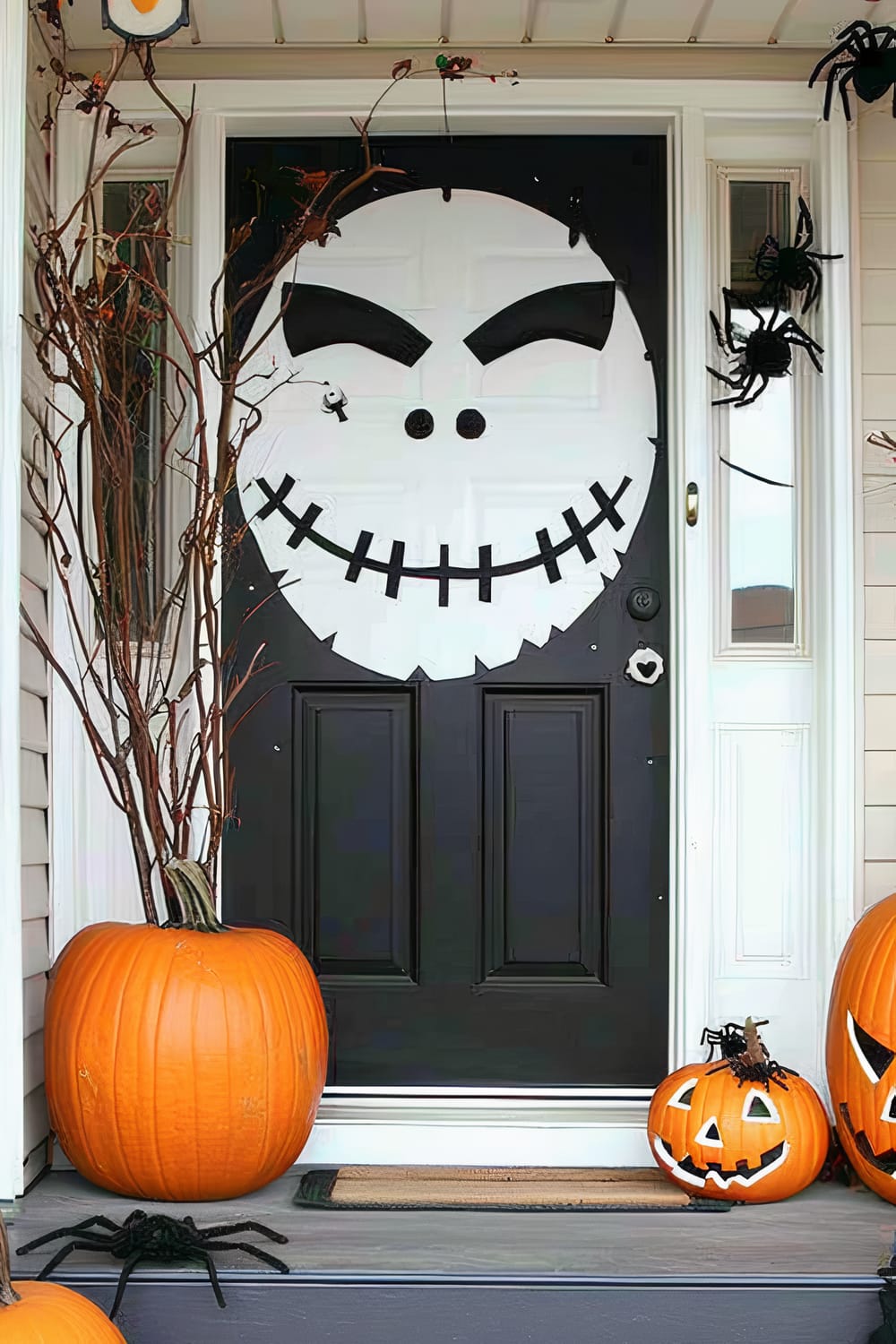 A front porch decorated for Halloween featuring a black door with a large white face design resembling Jack Skellington. Surrounding the door are large orange pumpkins, some carved with faces, and black artificial spiders. Dried twig arrangements are placed in large pumpkins, and fake spiders dangle from the twigs and door frame.