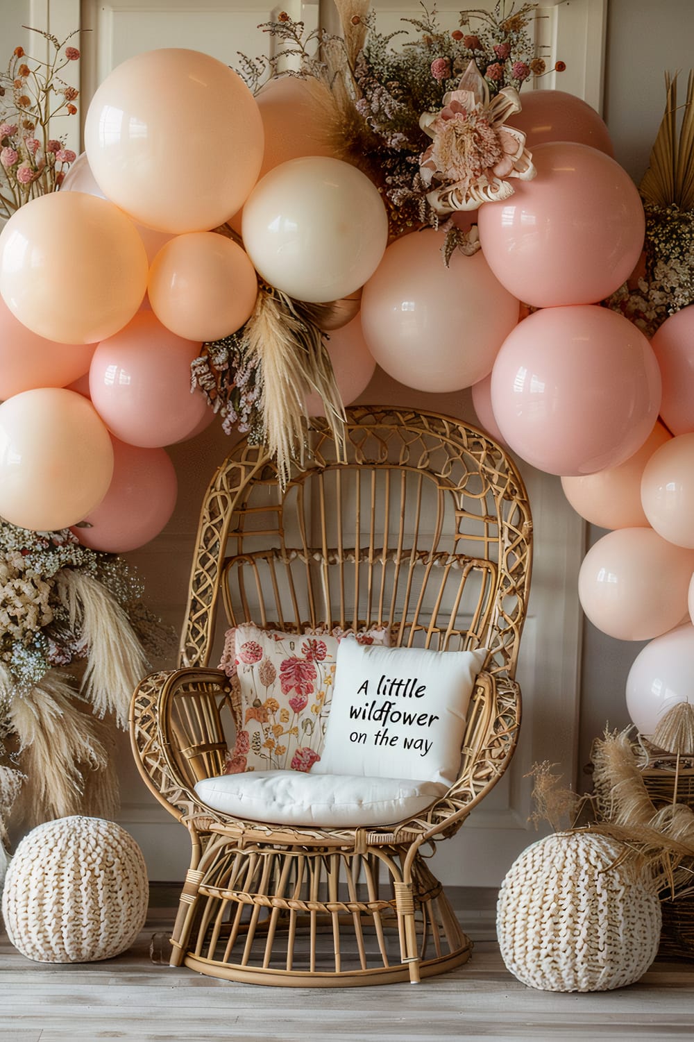 An intricately designed wicker chair with a white cushion and decorative pillows, one with a floral pattern and another bearing the text "A little wildflower on the way." The chair is surrounded by large, pastel-colored balloons in shades of pink, peach, and white, intertwined with dried flowers and grasses. Two knitted poufs are positioned on either side of the chair on a light wood floor.