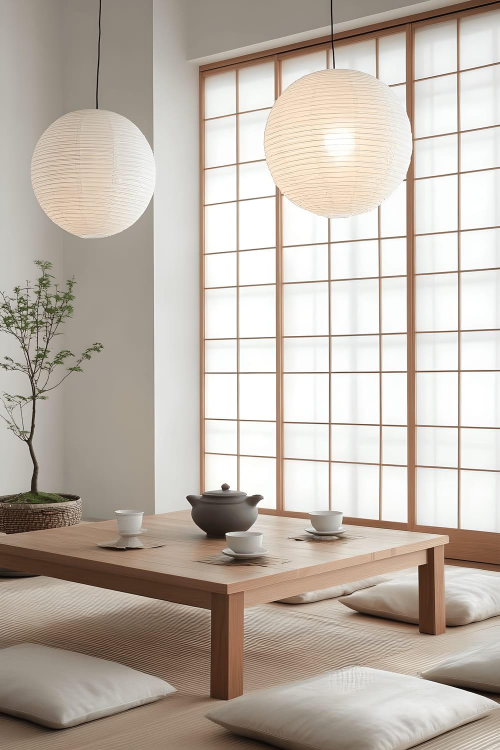 A serene minimalist Japanese tea room featuring tatami mats on the floor and sliding shoji screens on the walls. The room has a low wooden table set with a Japanese tea set, a simple bonsai tree in a ceramic pot is placed in the corner, and there are multiple floor cushions in neutral tones scattered around the room. The room is lit by the soft, diffused light from paper lanterns hung from the ceiling, giving the room a tranquil and clutter-free feel.