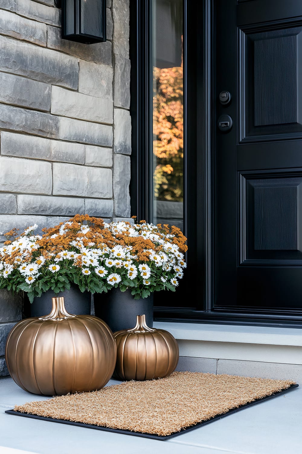 A modern front porch featuring a black door with a matte finish, flanked by a stone wall. Two planters with blooming daisies and golden mums sit next to the door. Decorative golden pumpkins are arranged beside a natural fiber doormat.