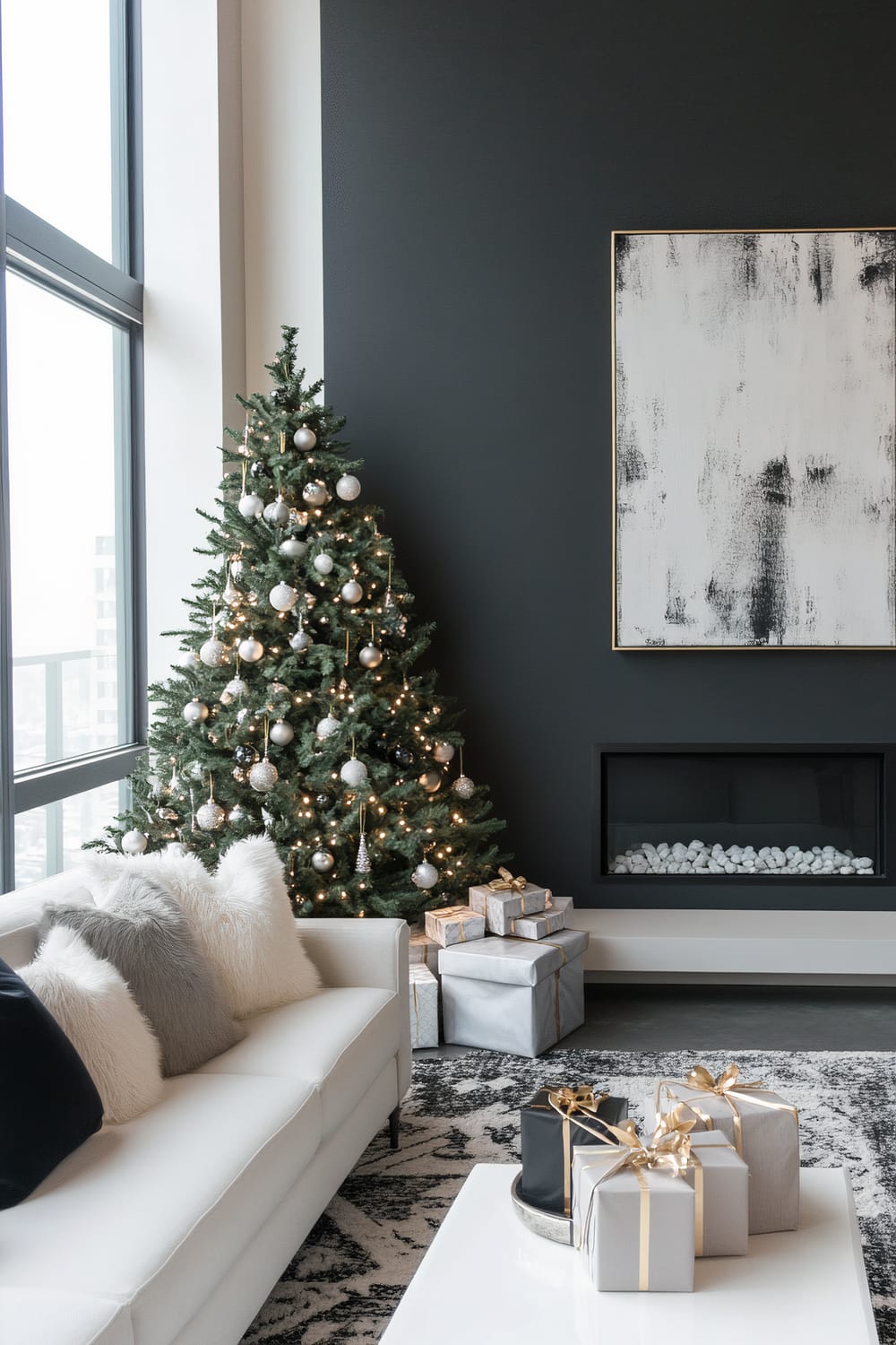 An elegant living room featuring a tastefully decorated Christmas tree with silver and white ornaments next to a black accent wall with a modern fireplace. A white sofa with plush, grey, and white pillows sits adjacent to the tree, and wrapped presents in shades of silver and black are arranged around.