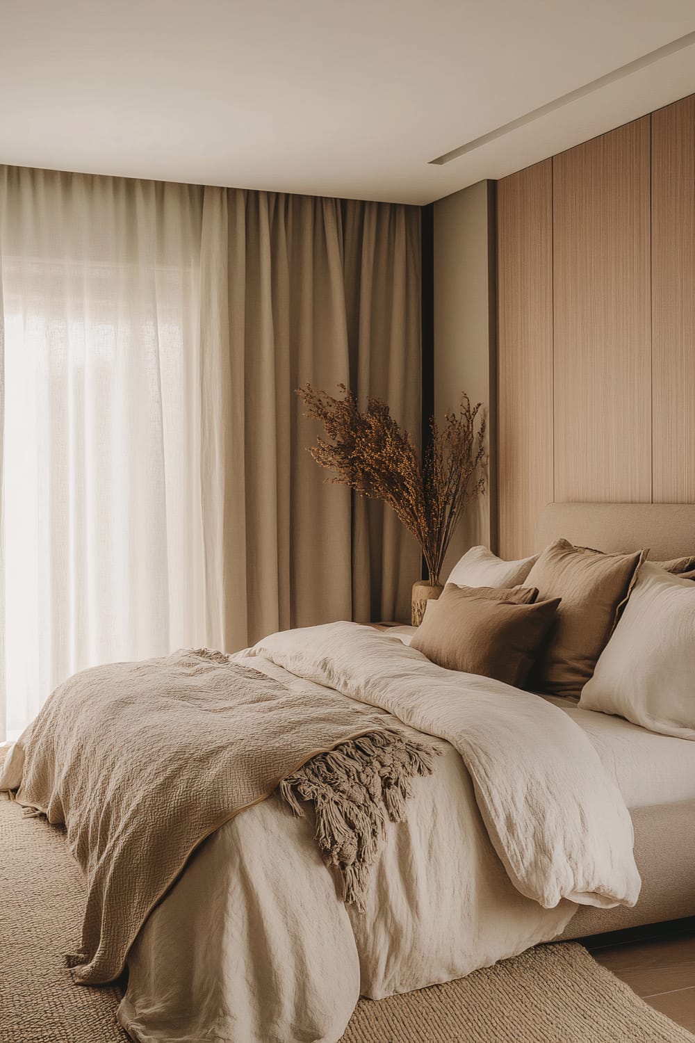 An elegantly designed bedroom featuring a neutral color palette. The room showcases a plush bed with cream-colored linens and multiple brown accent pillows. The backdrop consists of wall paneling in light wood tones and large, floor-to-ceiling beige curtains. A vase with dried flowers is placed on the bedside table, adding a natural element to the decor.