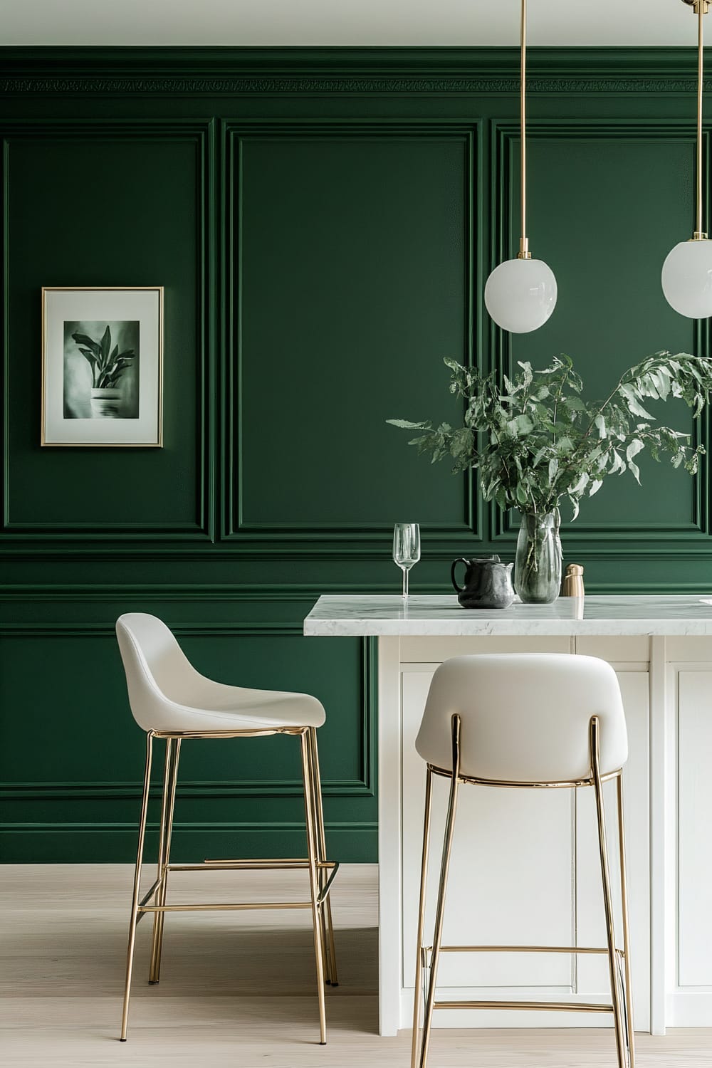 An elegant kitchen features an emerald green painted wall, adorned with a framed botanical print. The wall includes intricate paneling and crown molding, adding a touch of sophistication. A white kitchen island with a marble countertop is complemented by two white bar stools with gold legs. Above the island, two modern pendant lights with round, white shades hang from the ceiling. A vase with greenery, a wine glass, a black pitcher, and a gold-accented object sit on the countertop. The room is illuminated with focused lighting, highlighting the richness of the emerald green wall.