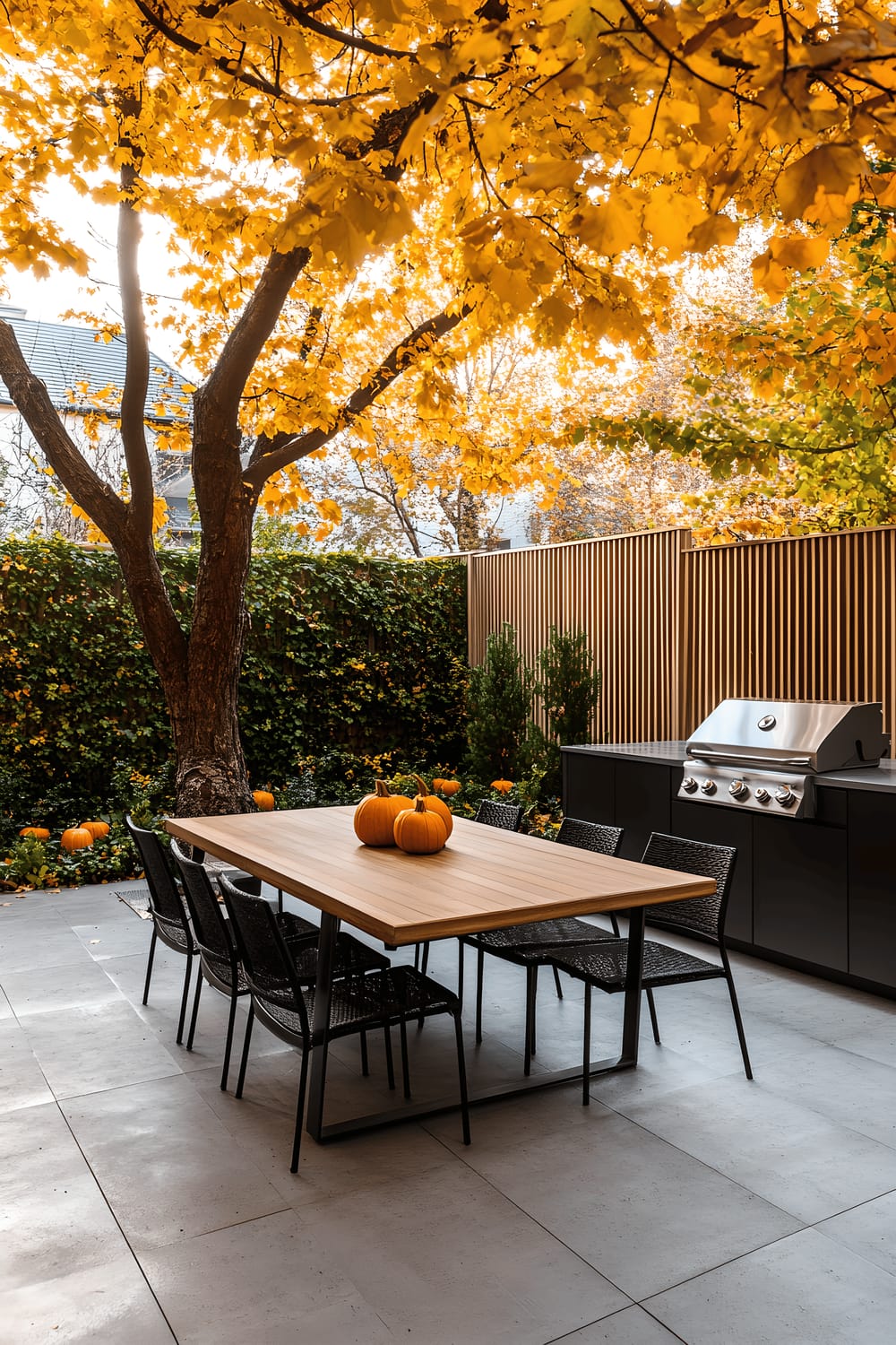 An outdoor modern patio with a central wooden dining table surrounded by black chairs, set under the colorful canopy of an autumn tree. The area features a clean, gray tile floor, latticed walls for privacy, potted plants with lush greenery, a stainless steel grill, and decorative pumpkin accents enhancing the autumn atmosphere.