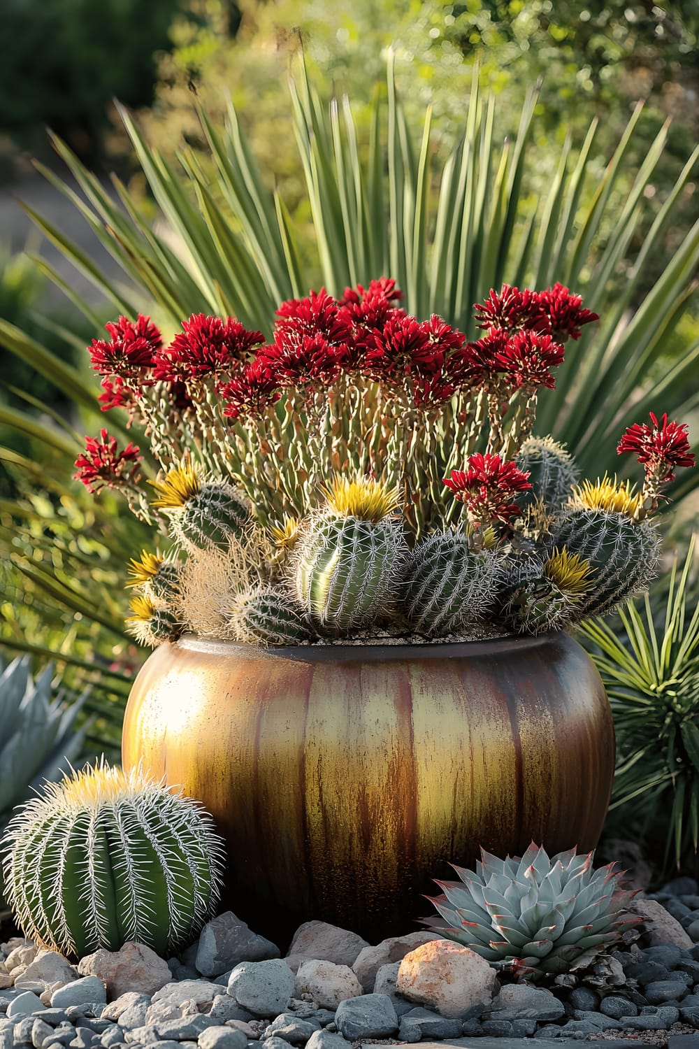 A desert-themed container garden with a selection of plants such as golden barrel cacti, red yucca, and penstemon flowers. The plants are arranged inside rustic pots that sit on a gravel surface.