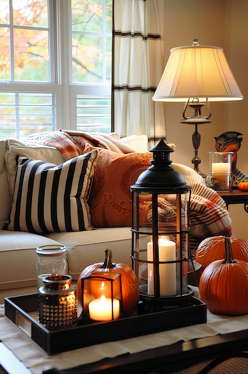 An inviting living room decorated for autumn, featuring a comfortable white sofa adorned with striped and orange textured pillows, and warm plaid blankets. A table lamp and various candle-lit lanterns, along with pumpkins, enhance the cozy atmosphere. Soft natural light filters through large windows adorned with white curtains accented with black horizontal stripes.