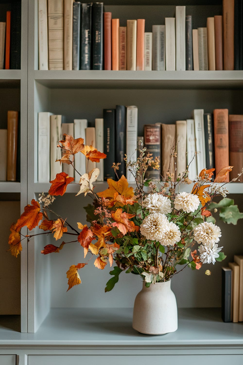 The image showcases a light gray bookshelf filled with a variety of vintage books, arranged in an eclectic mix of colors and sizes. In the foreground, there is a simple ceramic vase containing white flowers and branches adorned with yellow, orange, and red autumn leaves.