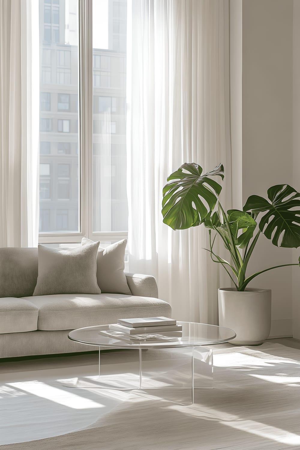 A small modern minimalist living room bathed in natural light, furnished with a light gray sofa and a glass coffee table perched on metal legs. On the floor lies a white geometric rug, and by the window stands a Monstera deliciosa plant housed in a ceramic pot. The room is set against a soft neutral color scheme, with white sheer curtains gracing the large windows.