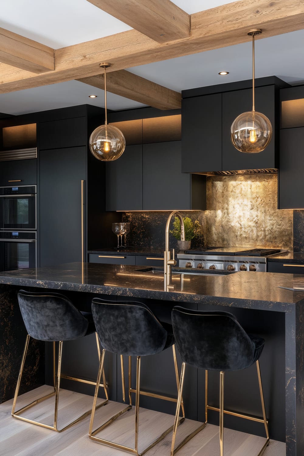 A modern kitchen with a dark, sophisticated color palette. The kitchen island features a dark stone countertop with subtle gold veining, complemented by a gold faucet. Three bar stools with black velvet seats and gold frames are positioned at the island. Behind the island, the cabinetry and appliances are all matte black, with gold hardware accents. The backsplash is eye-catching, with a metallic herringbone pattern. Above the kitchen island, two pendant lights with glass globe shades hang from the ceiling, which has exposed wood beams.