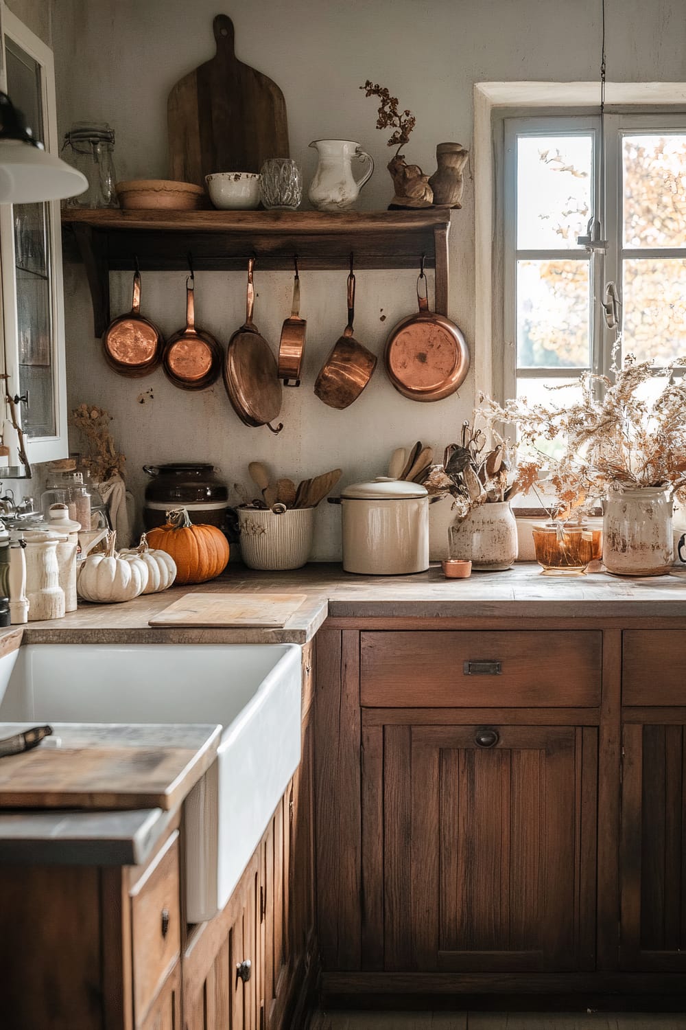 A rustic kitchen scene features a wooden countertop with various cooking utensils, dried flowers, and pumpkins. Copper pots hang from a wooden shelf above the countertop, and a window allows natural light to brighten the space. The wooden cabinets below the countertop complement the warm tones of the room.