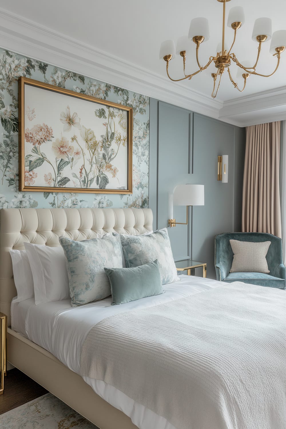 A serene bedroom features a queen-sized bed with a tufted cream headboard, adorned with white bedding and soft blue-patterned pillows. A floral framed artwork hangs on the wall behind the bed, matching the floral wallpaper and blue paneling. To the right, there is a plush light blue armchair with a beige pillow, beside a small gold side table. A modern chandelier hangs from the ceiling, and elaborate light fixtures are mounted on the walls. Light drapes accentuate the tall windows, complementing the soft color palette of the room.