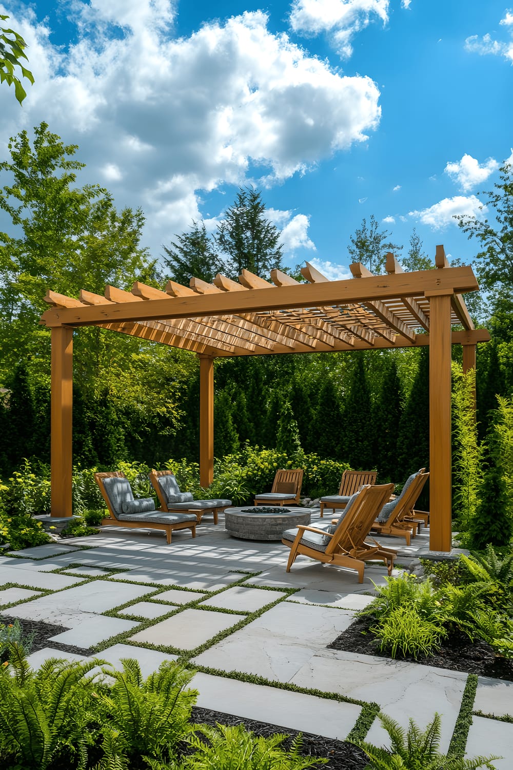 A modern backyard with a shaded pergola featuring sleek, minimalistic beams. The focal point of the scene is a geometric patterned, tiled area surrounded by lush ferns and petite trees. Four wooden lounge chairs are strategically placed around a stylish, low firepit. Leading to the seating area are stepping stones which add an element of structure to the vibrant green landscape.